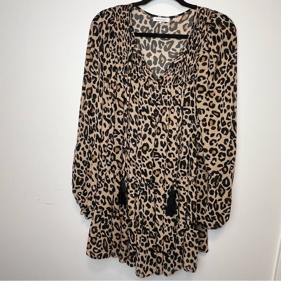 Crescent Leopard Print Smocked Peasant Dress Tunic - Size Small - Picture 2 of 9